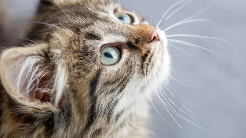 Fluffy tabby kitten looking up with bright blue eyes in closeup portrait