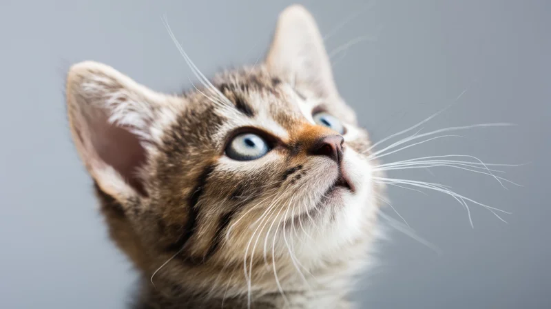 Closeup portrait of a fluffy tabby kitten looking up with blue eyes against a gray background