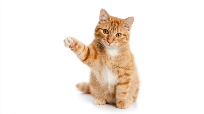 Orange tabby kitten sitting and raising one paw against white background