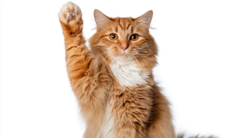 Orange tabby cat raising its paw in a waving gesture against a white background
