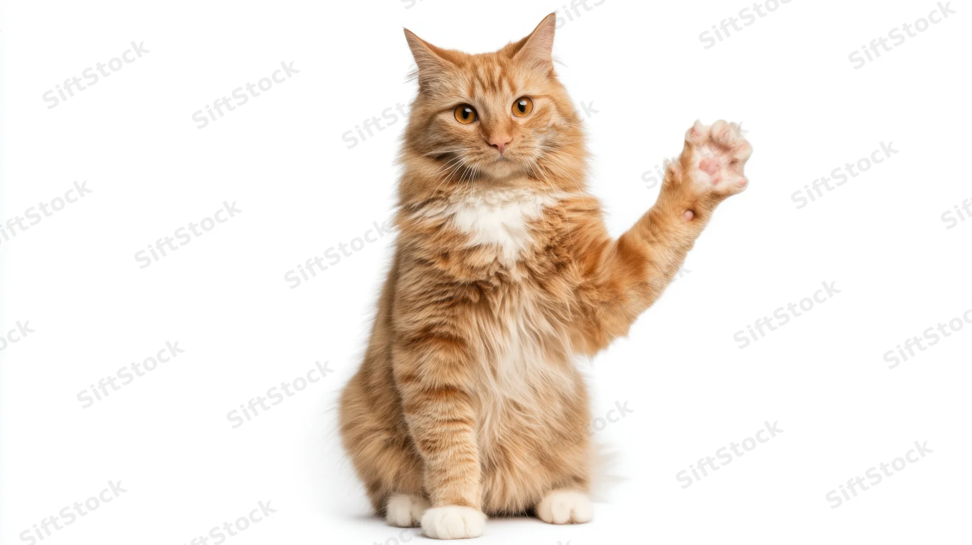 Orange tabby cat sitting and waving with one paw raised against white background