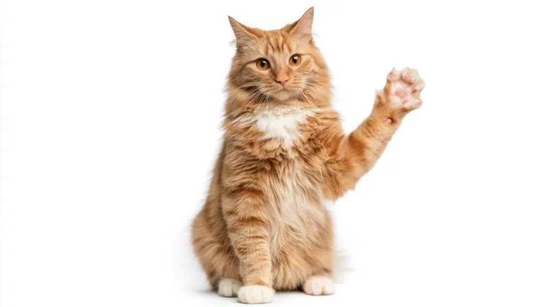 Orange tabby cat sitting and waving with one paw raised against white background