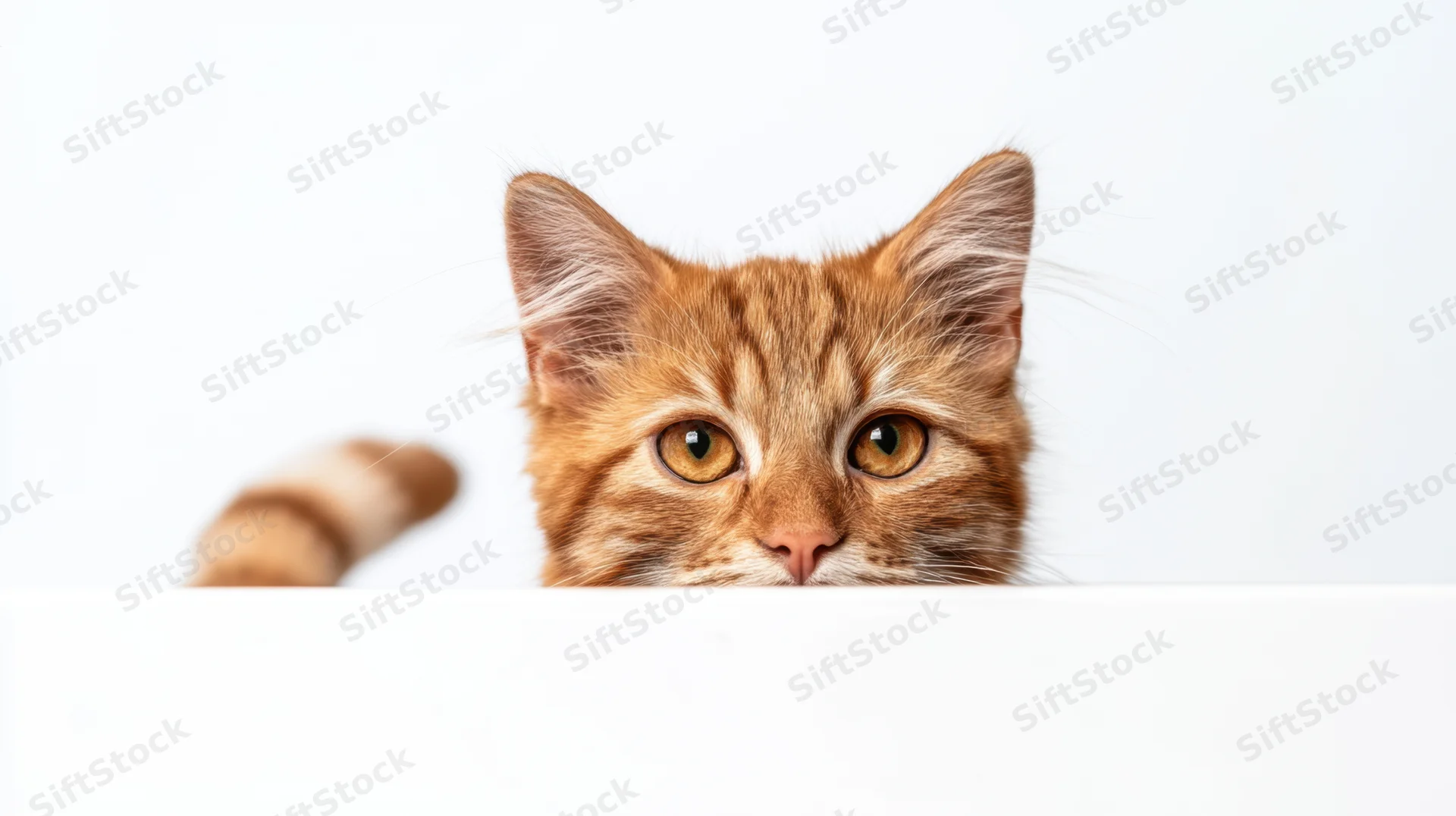 Ginger tabby cat peeking over white surface with curious eyes
