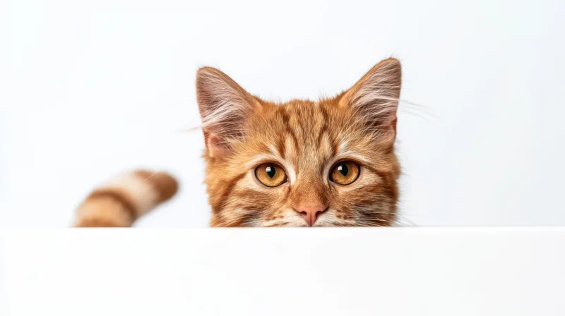 Ginger tabby cat peeking over white surface with curious eyes