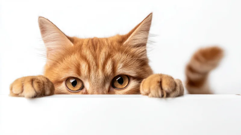 Ginger tabby cat peeking over white surface with paws and tail visible