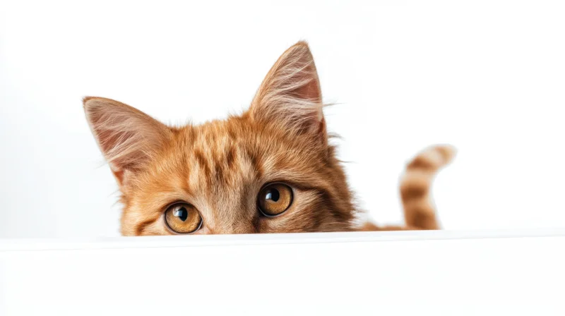 Ginger tabby cat peeking over white surface with wide eyes and striped tail visible