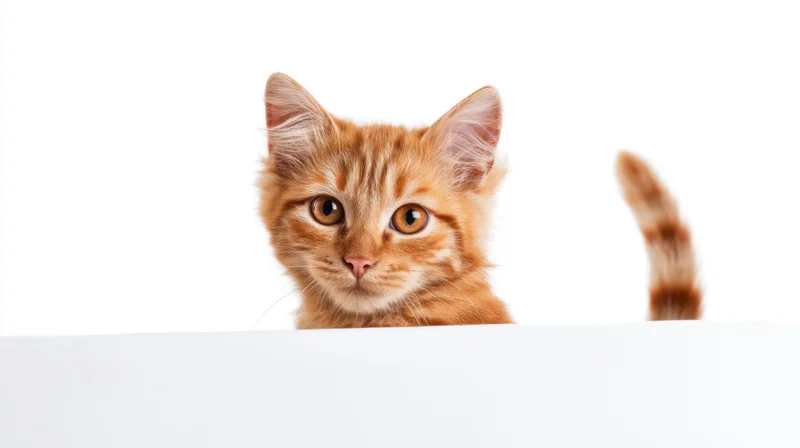 Ginger tabby kitten peeking over white surface in studio setting