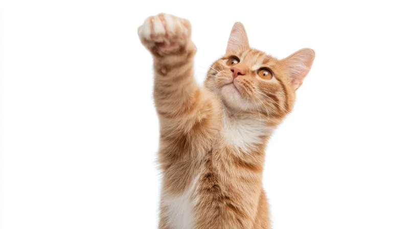 Ginger tabby cat reaching up with front paw raised against white background
