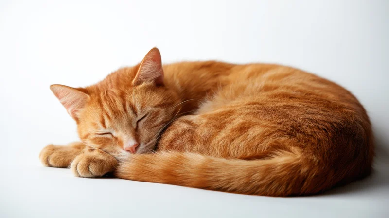 Ginger tabby cat sleeping curled on white background