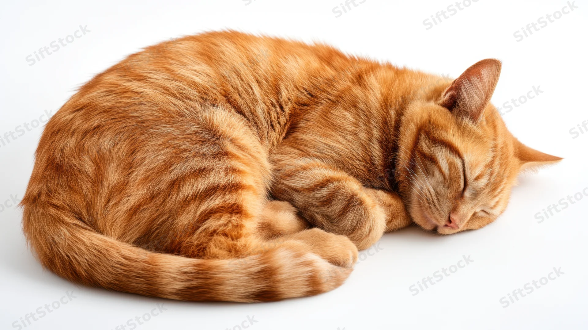 Ginger tabby cat sleeping curled up on white background