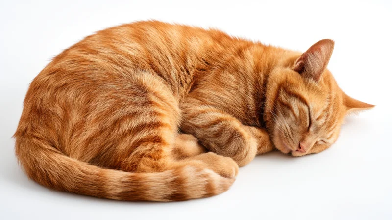 Ginger tabby cat sleeping curled up on white background