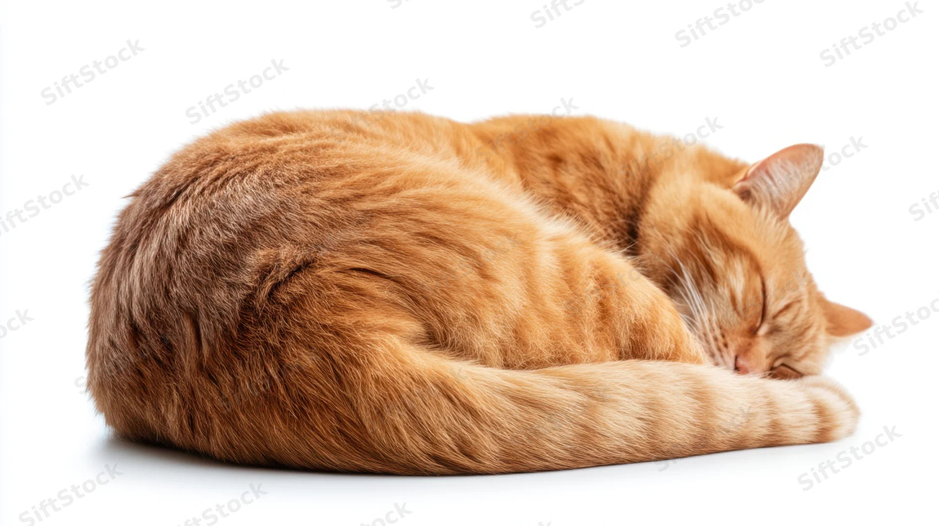 Ginger tabby cat sleeping curled up on white background