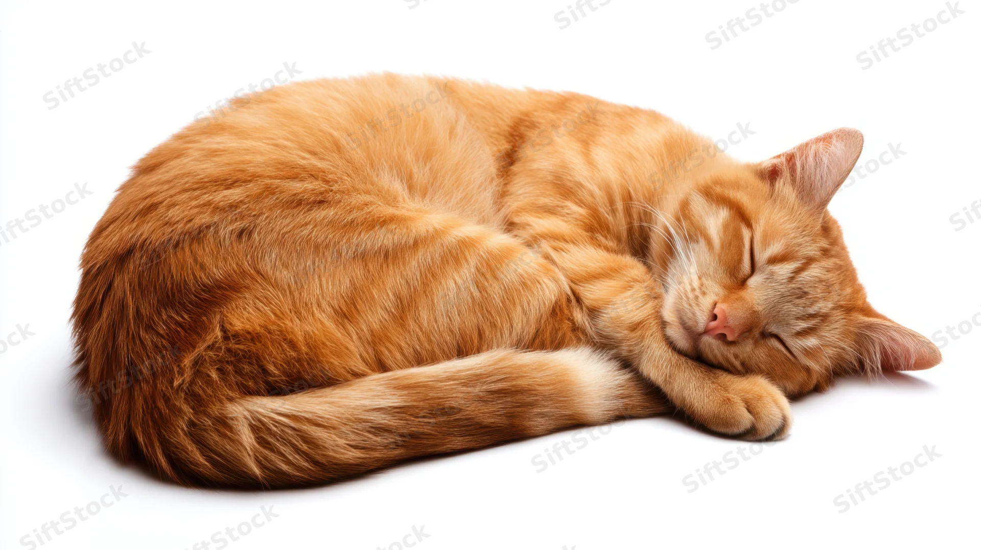Ginger tabby cat sleeping curled up on white background