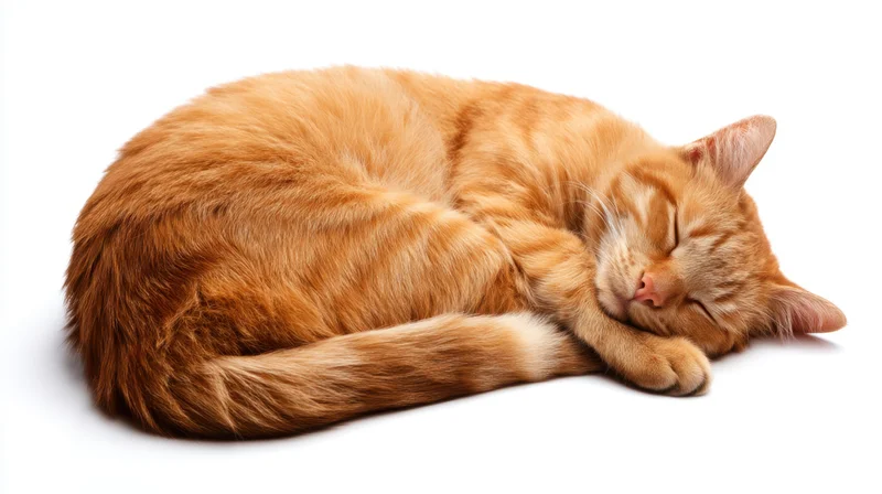 Ginger tabby cat sleeping curled up on white background