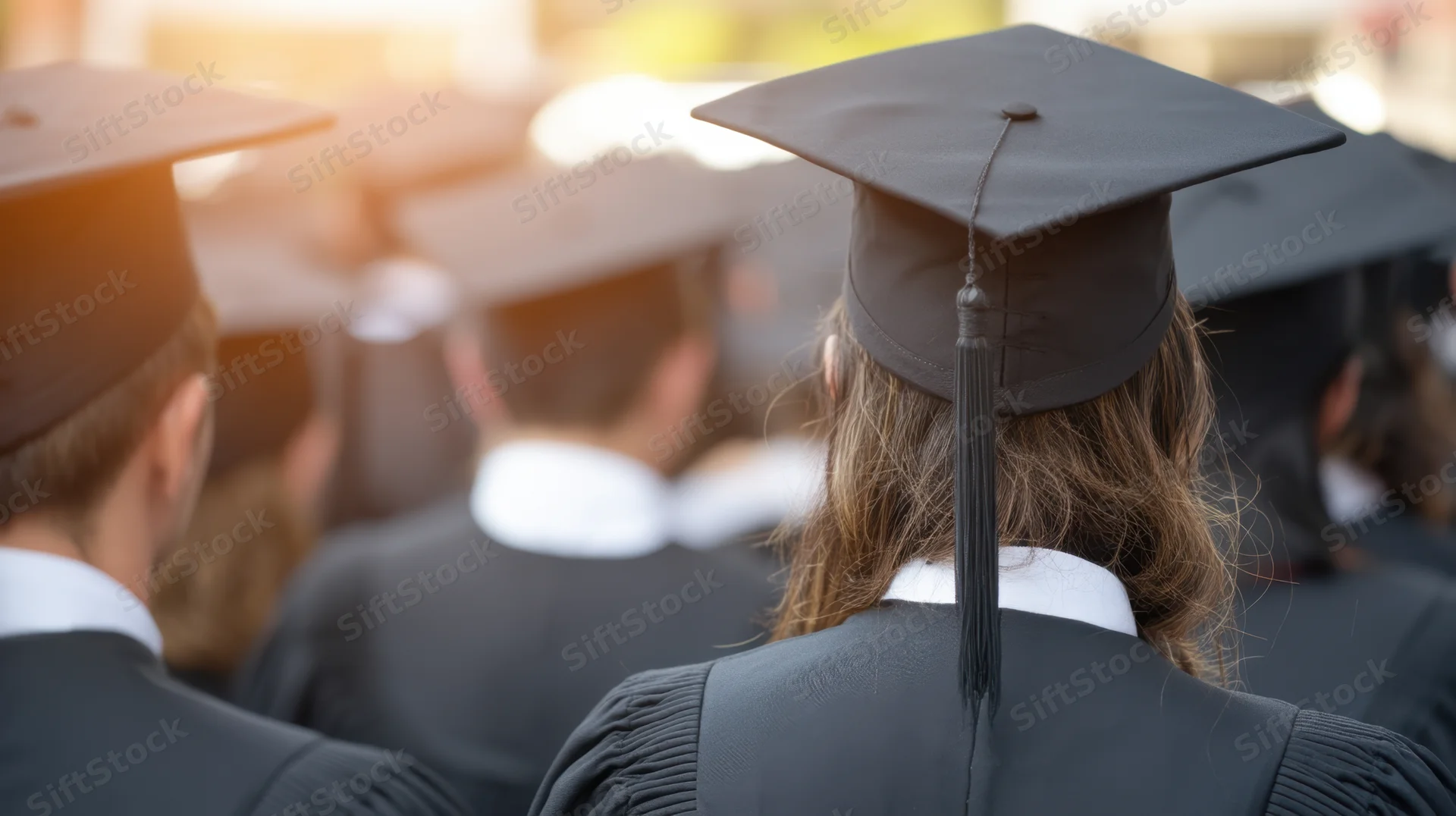 Graduates in caps and gowns viewed from behind at a ceremony outdoors in warm sunlight