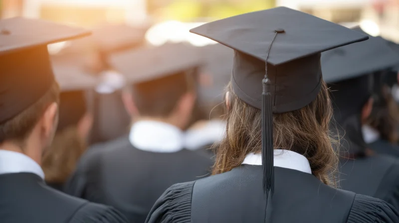 Graduates in caps and gowns viewed from behind at a ceremony outdoors in warm sunlight