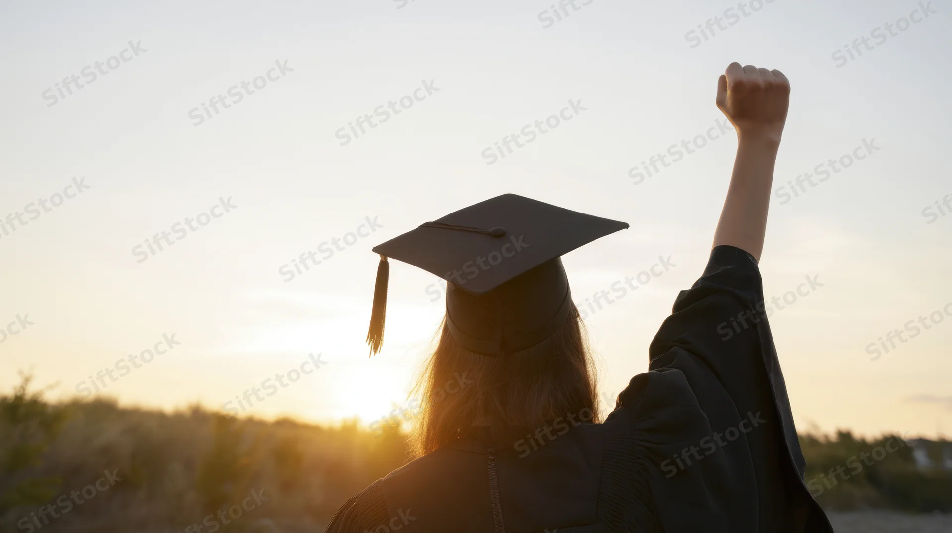 Graduate in cap and gown raising fist at sunset outdoors