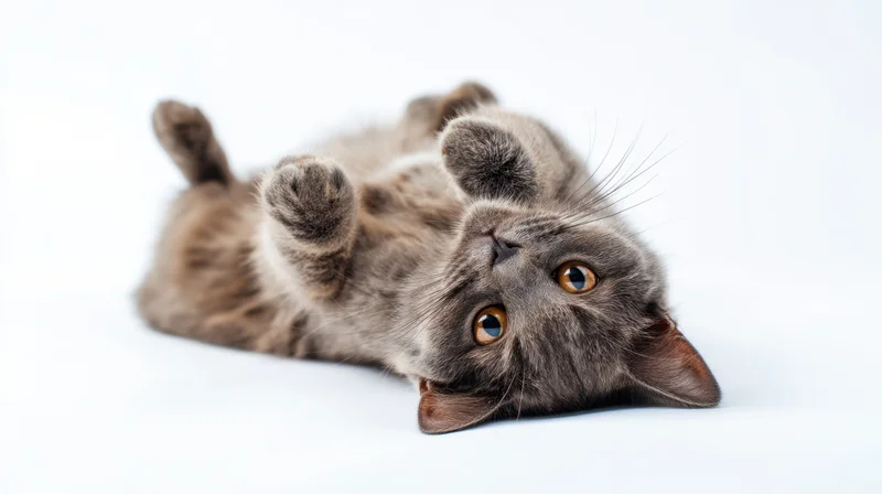 Gray cat lying on its back with paws up in a studio setting