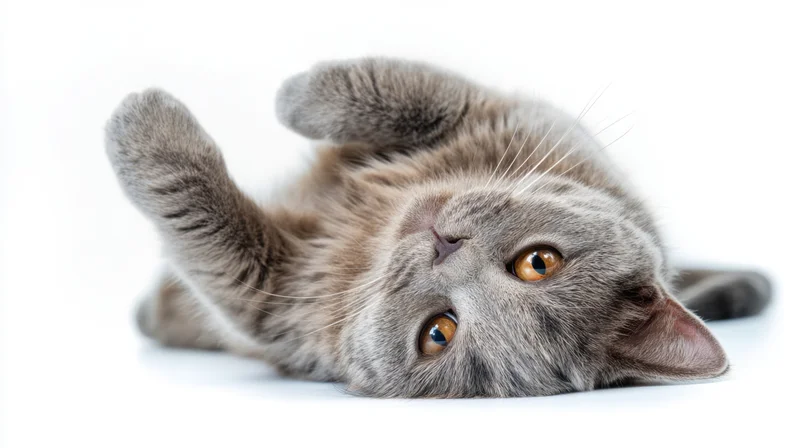 Gray cat lying on its back with paws up in a studio setting