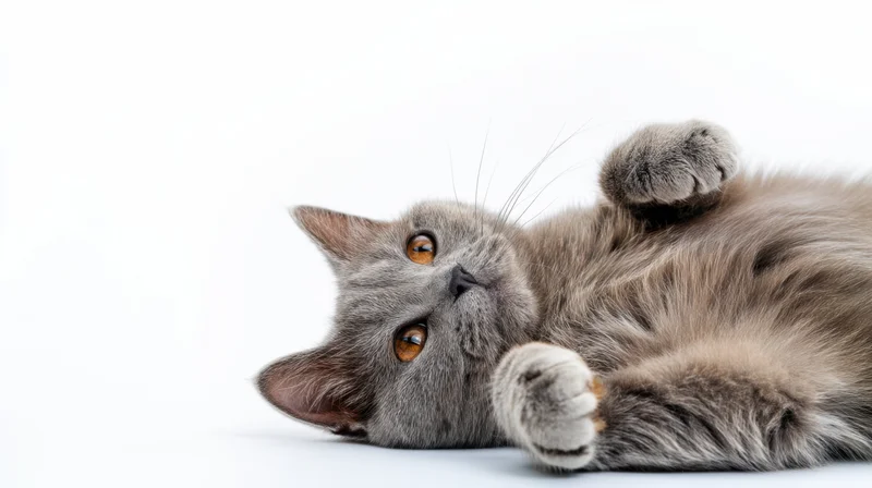 Gray cat lying on its back with paws up on white background