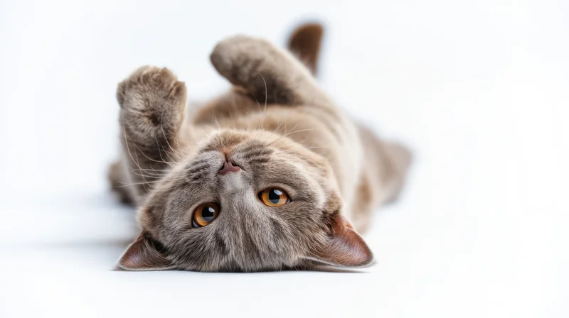 Gray cat lying on its back with paws up in a studio setting