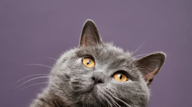 Gray cat looking upward in studio portrait against purple background