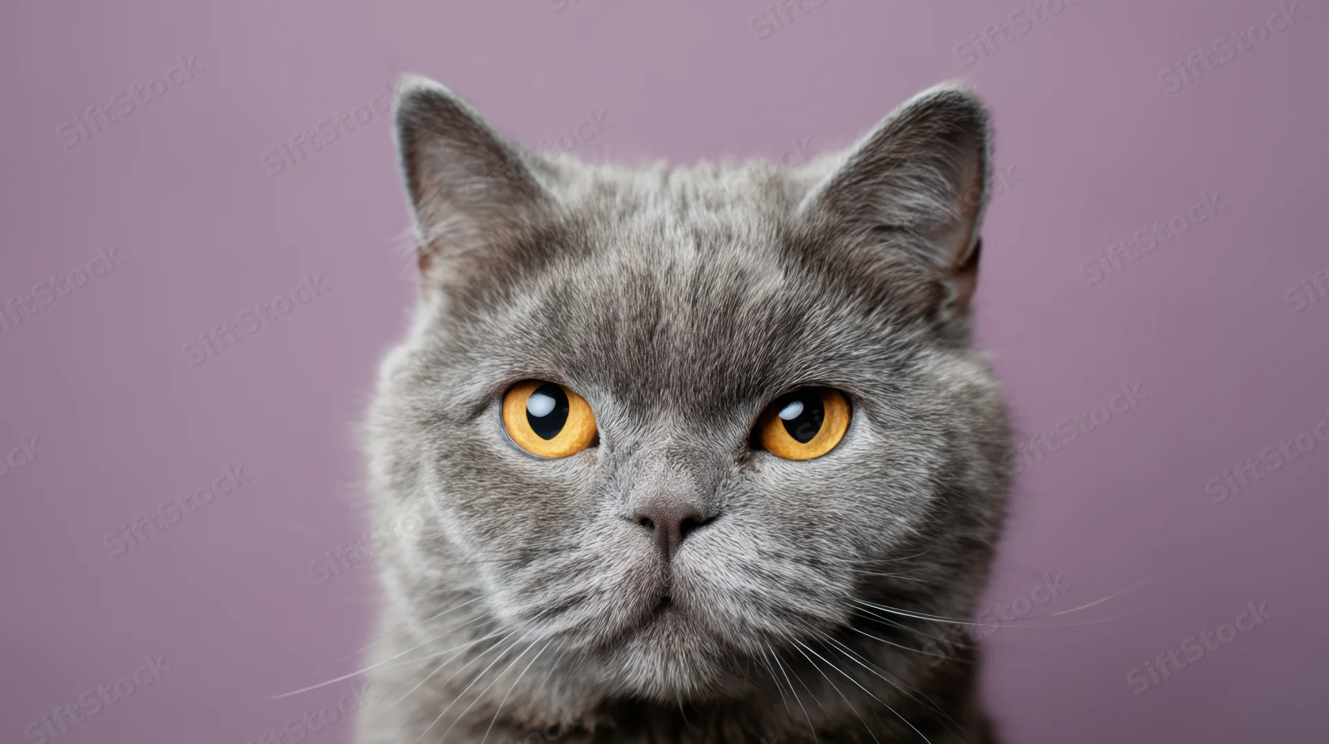 Gray cat with orange eyes looking directly at camera against purple background