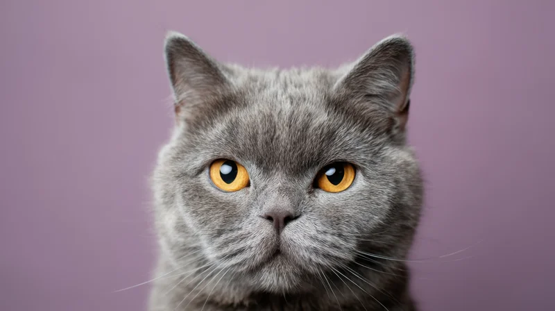 Gray cat with orange eyes looking directly at camera against purple background
