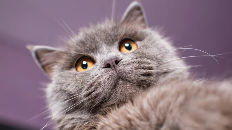 Gray cat looking up with bright orange eyes in a closeup portrait against a purple background