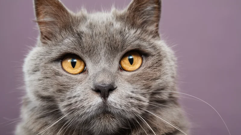 Closeup portrait of a gray cat with orange eyes staring directly at the camera against a purple background