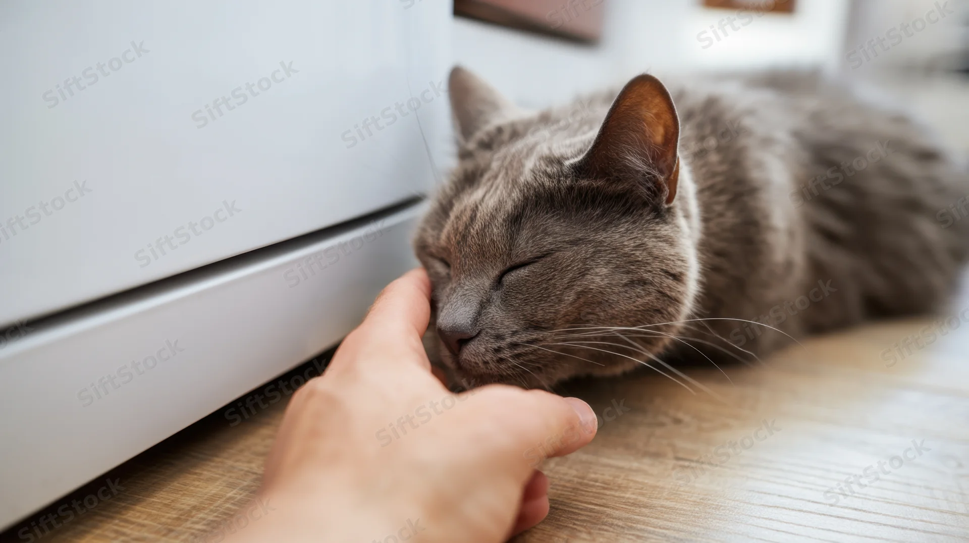 Gray cat sleeping on wooden floor while being gently touched by a human hand