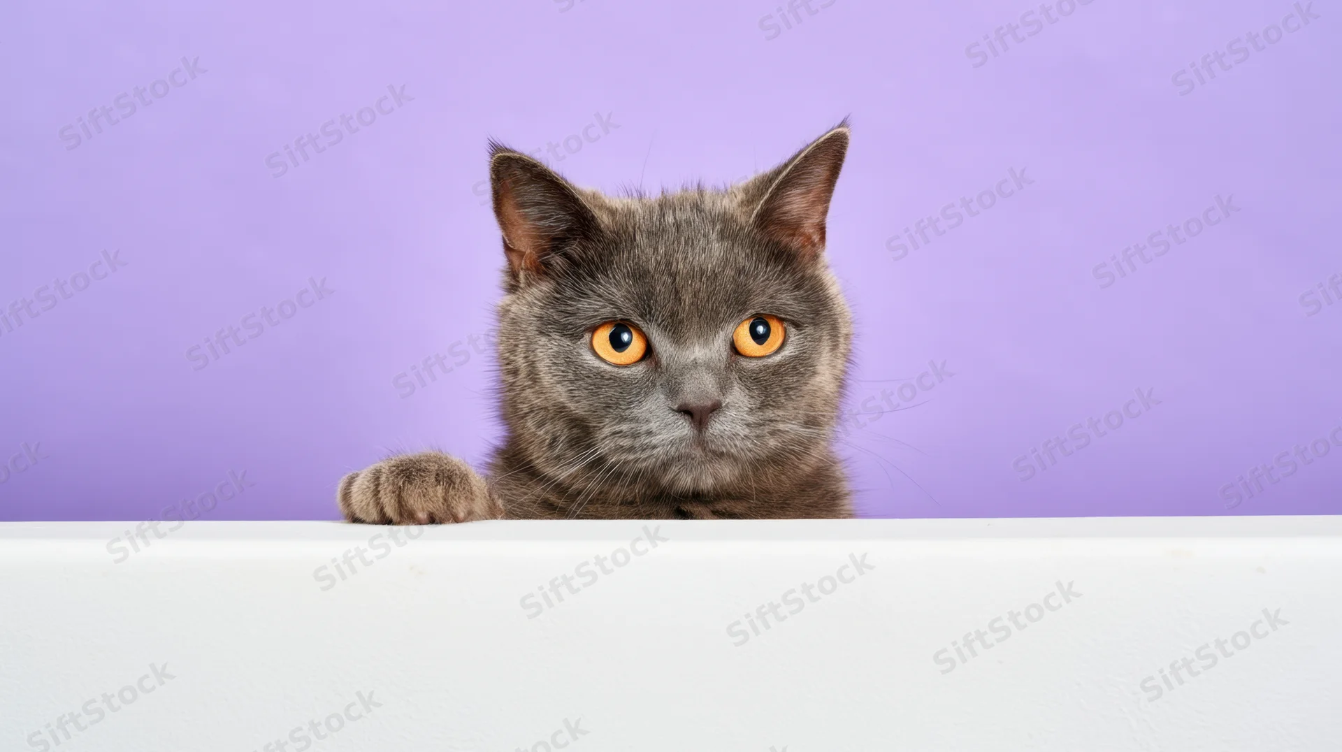 Gray cat peeking over white surface against purple background
