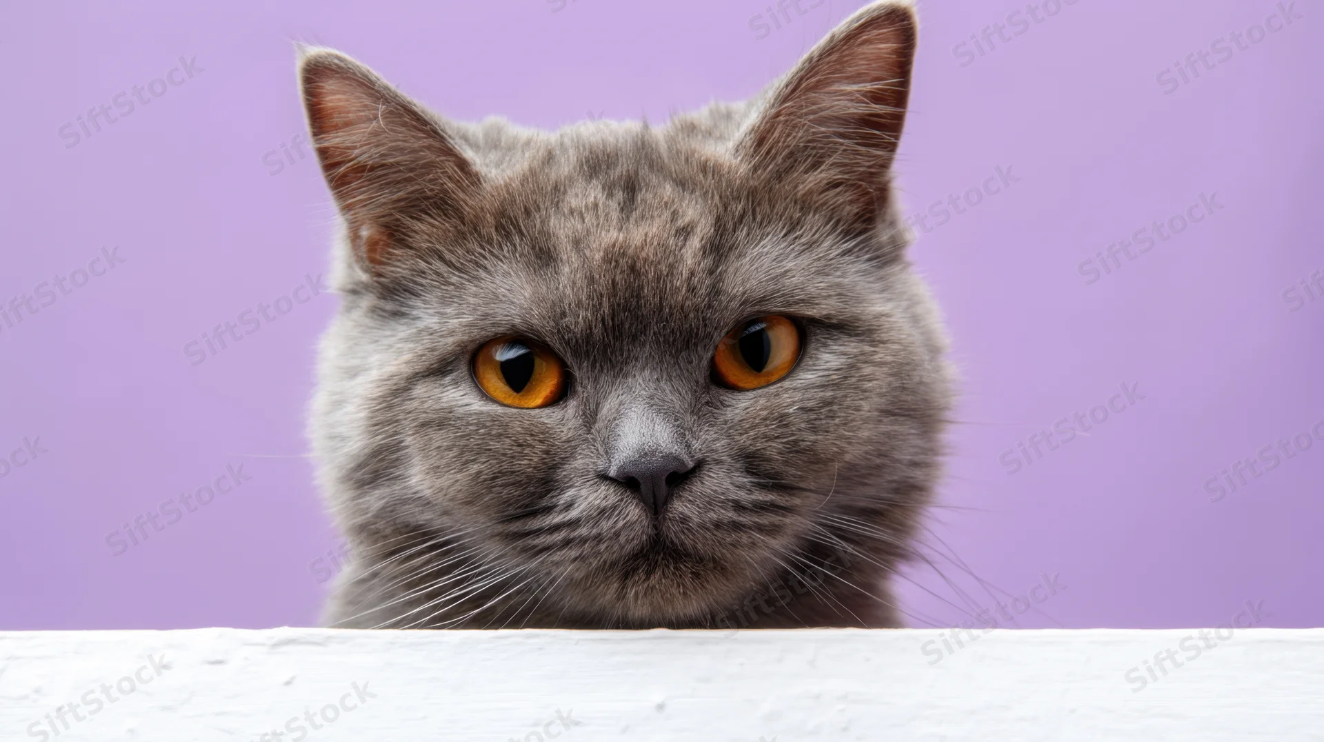Gray cat with orange eyes peeking over white surface against purple background
