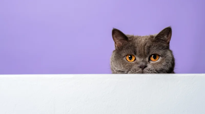 Gray cat peeking over white surface against purple background