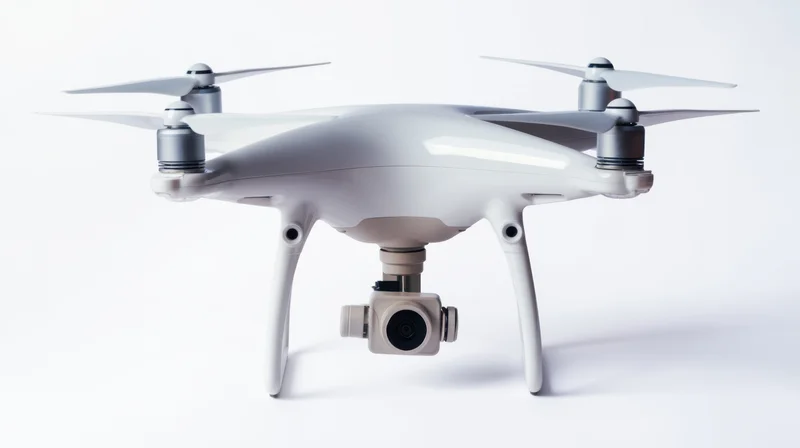 White quadcopter drone with camera mounted on gimbal on plain white background