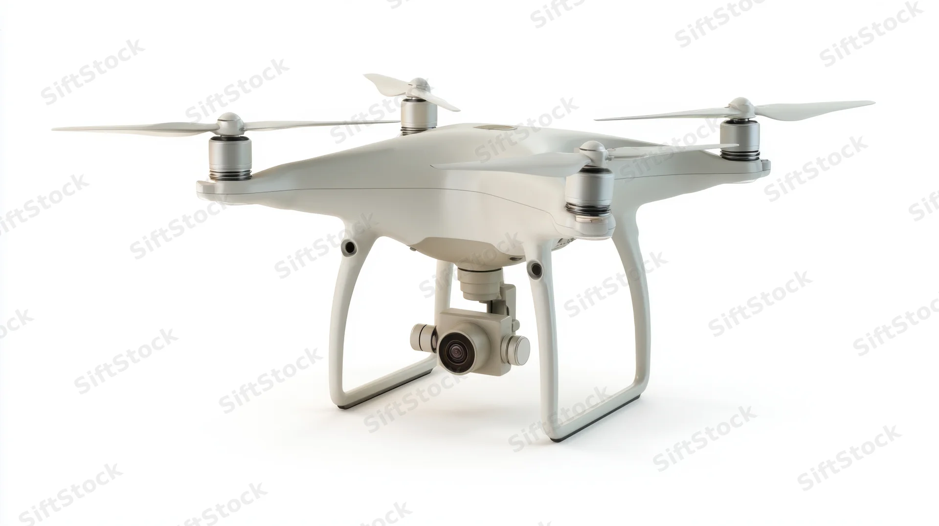 Gray quadcopter drone with camera and four propellers on white background