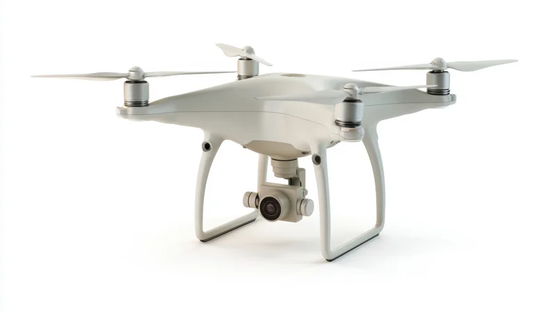 Gray quadcopter drone with camera and four propellers on white background