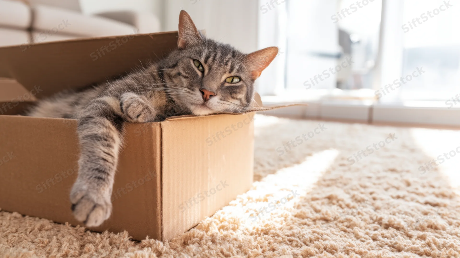 Gray tabby cat lounging inside a cardboard box on a carpeted floor near a window