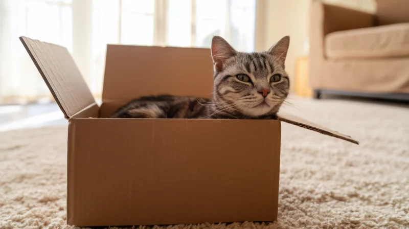 Gray tabby cat lounging inside open cardboard box on carpeted floor in living room