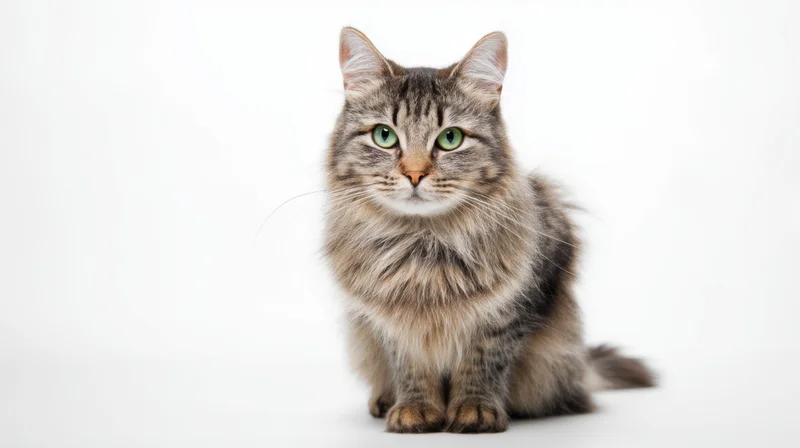 Gray tabby cat sitting alertly on white background
