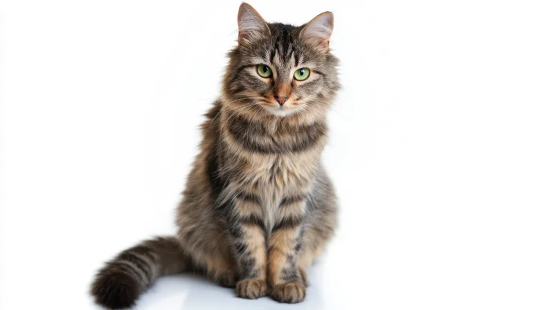 Gray tabby cat sitting in front of white background with green eyes and striped fur