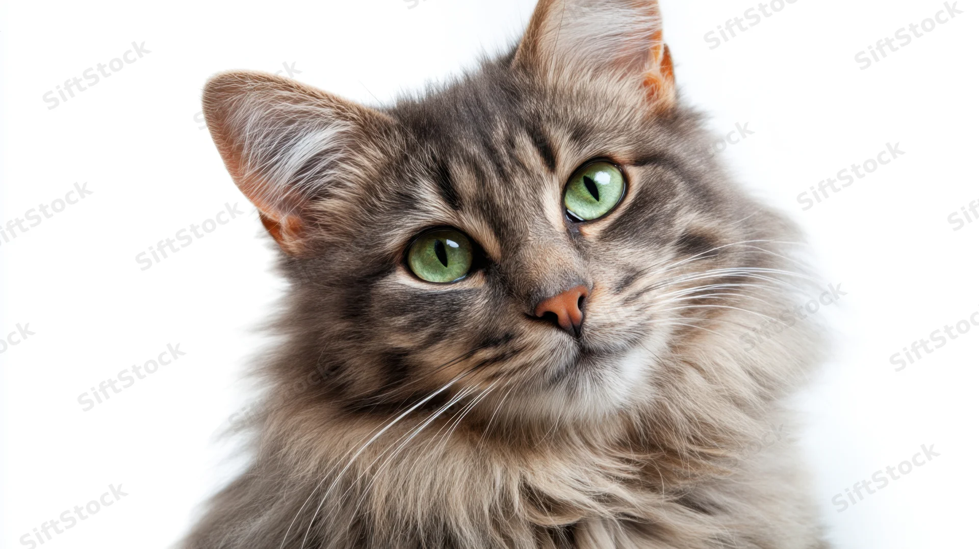 Closeup portrait of a gray tabby cat with green eyes against white background