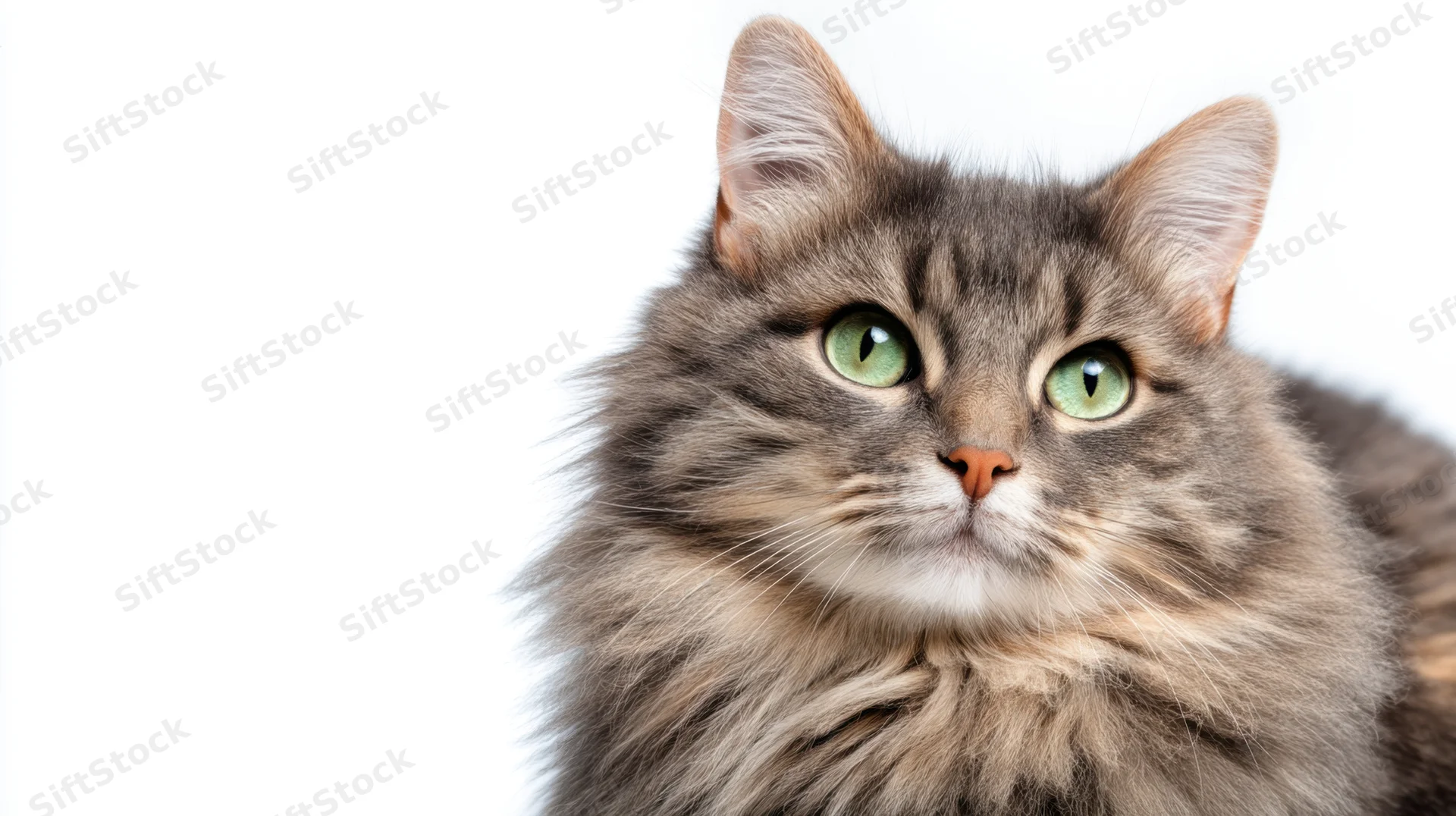 Gray tabby cat with green eyes in closeup portrait against white background