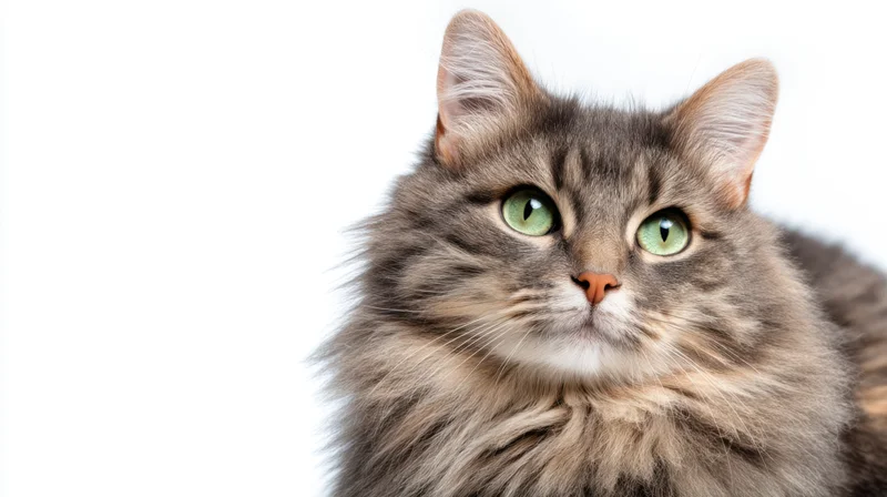 Gray tabby cat with green eyes in closeup portrait against white background