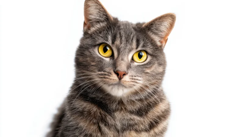 Gray tabby cat looking alert in studio portrait against white background