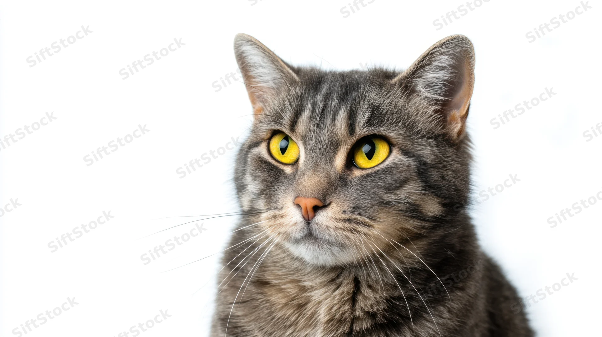 Gray tabby cat facing forward with yellow eyes on white background