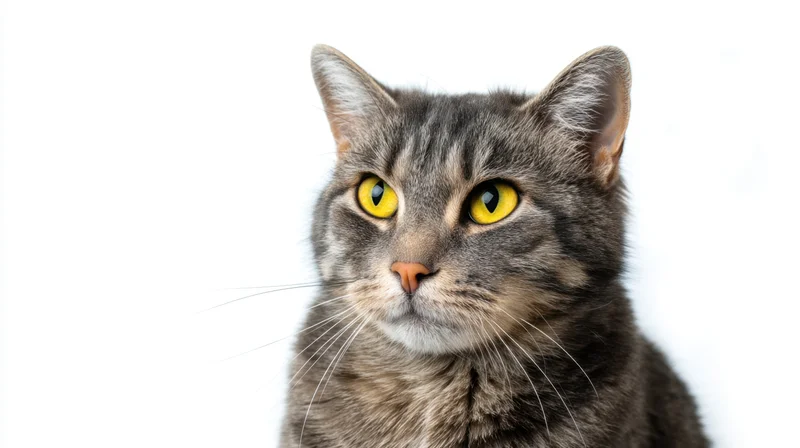 Gray tabby cat facing forward with yellow eyes on white background
