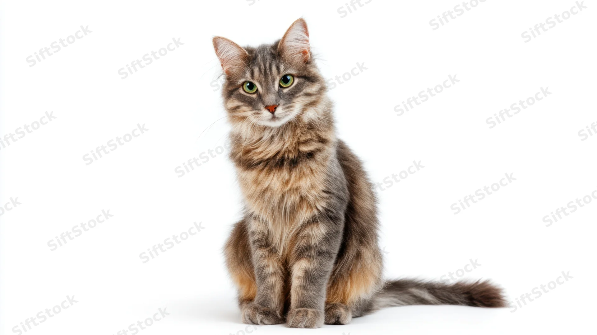 Gray tabby cat sitting alertly on white background