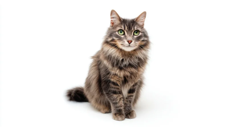Gray tabby cat sitting alertly on white background with copyspace to the side
