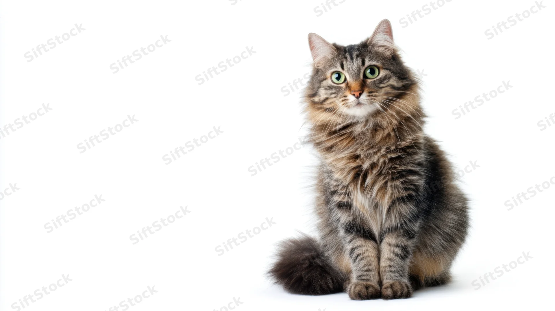 Gray tabby cat sitting on white background with copyspace to the left